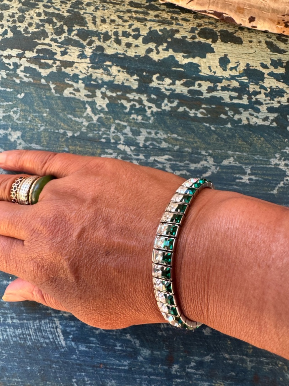 Elegant Green and Clear Rhinestone Silver Tennis Bracelet - Women Jewelry